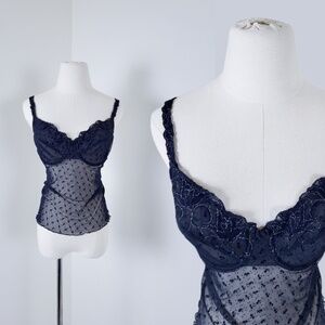 90’s Lace Corset Camisole sheer metallic adjustable appliqué polka dot V-neck